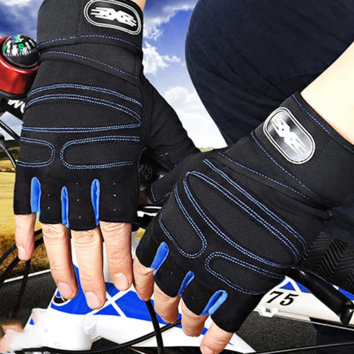 Schwarze Fahrradhandschuhe mit blauen Nähten, rutschfest, atmungsaktiv, für Radsport.