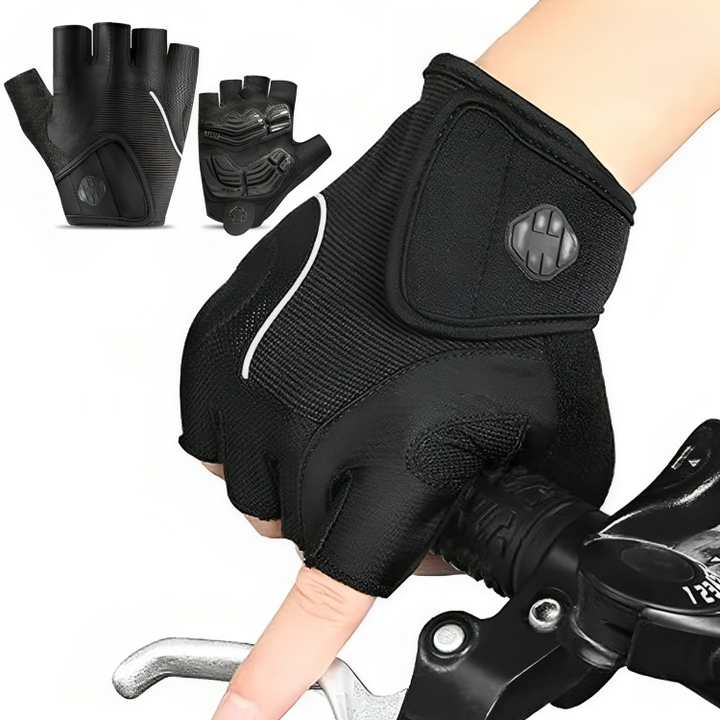 Schwarze Fahrradhandschuhe, rutschfest, atmungsaktiv, für Radsport, mit Klettverschluss.