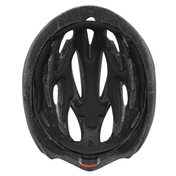 Schwarzer Fahrradhelm, Innenseite, Belüftungsschlitze, stoßdämpfend, sicherheitsgeprüft.