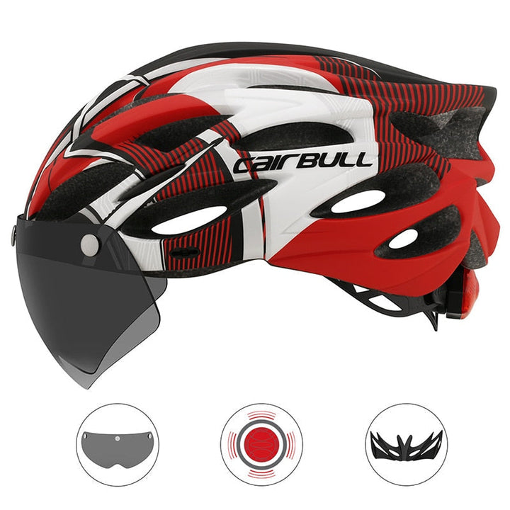 Roter Fahrradhelm mit Visier, aerodynamisch, Cairbull, leicht, für Rennradfahrer.