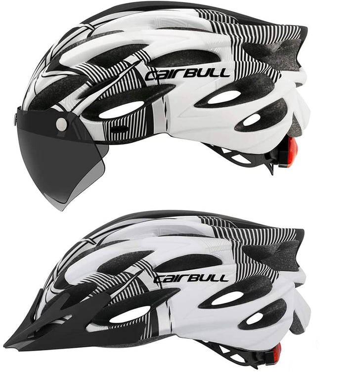 Weißer Fahrradhelm mit Visier, aerodynamisches Design, Belüftungslöcher, Airbull-Logo.