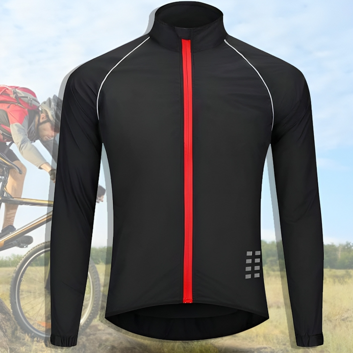 Schwarze Fahrradjacke mit rotem Reißverschluss, winddicht, ideal für Radsport, Herrenbekleidung.