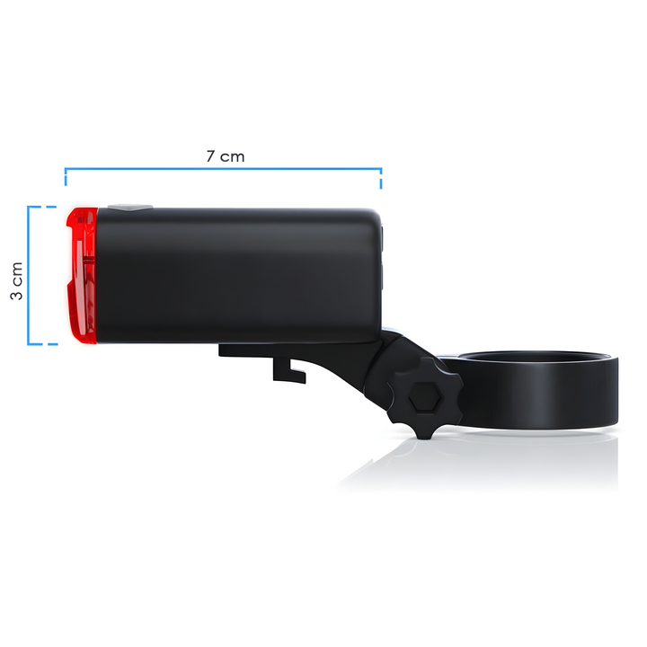 Schwarzes LED-Fahrradlicht, 7x3 cm, mit rotem Rücklicht und Halterung, ideal für Sicherheit.