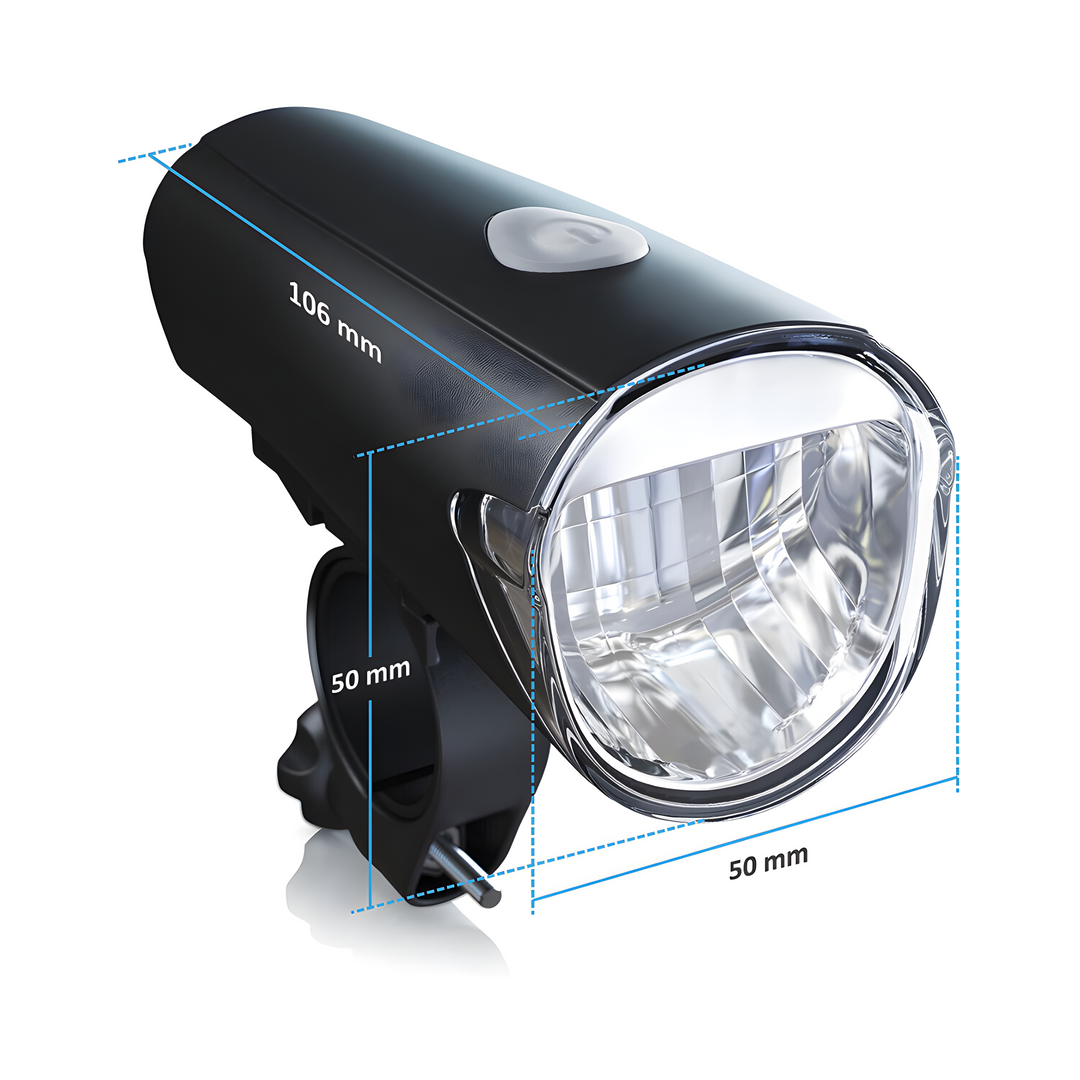 Schwarzes LED-Fahrradlicht, wasserdicht, 106x50mm, für sicheres Radfahren bei Nacht.