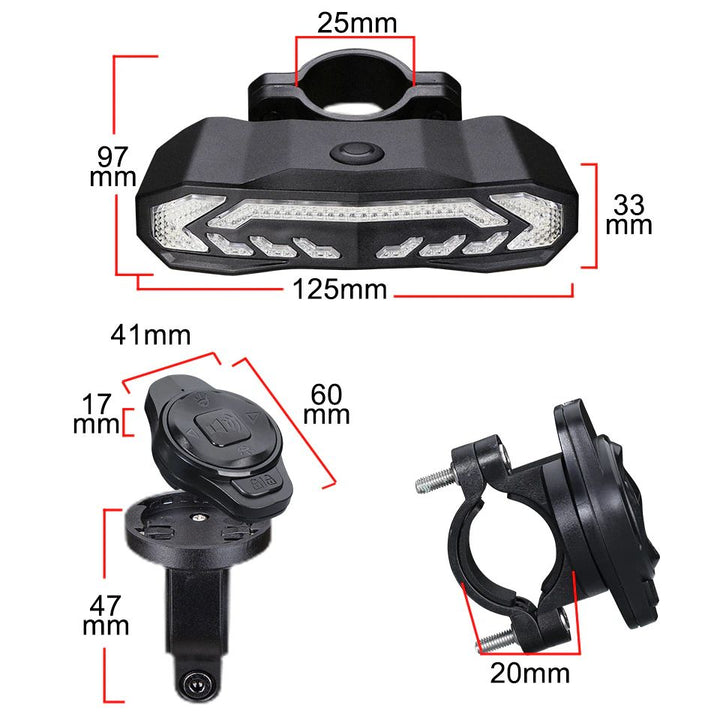Schwarzes LED-Fahrradlicht mit Halterung, Maße in Millimetern, Front- und Seitenansicht.