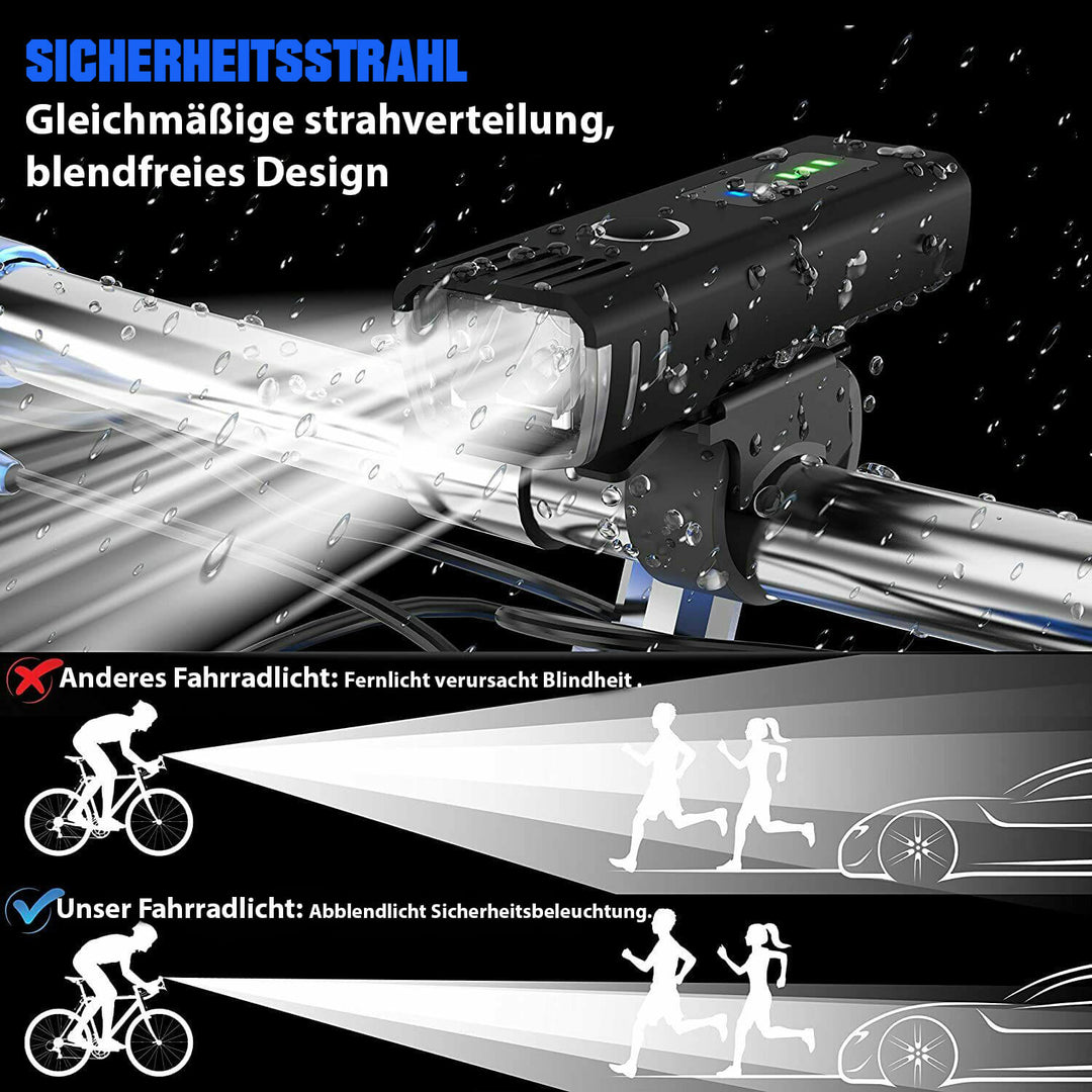 Wasserdichtes LED-Fahrradlicht, blendfreies Design, gleichmäßige Strahlverteilung.