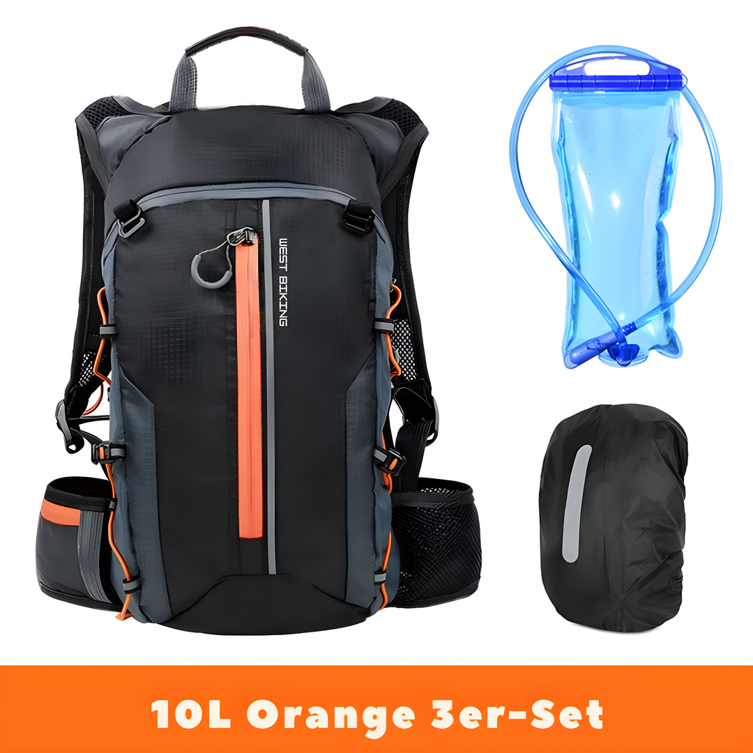 Schwarzer 10L Fahrradrucksack mit orangefarbenen Akzenten, Trinkblase und Regenschutz.