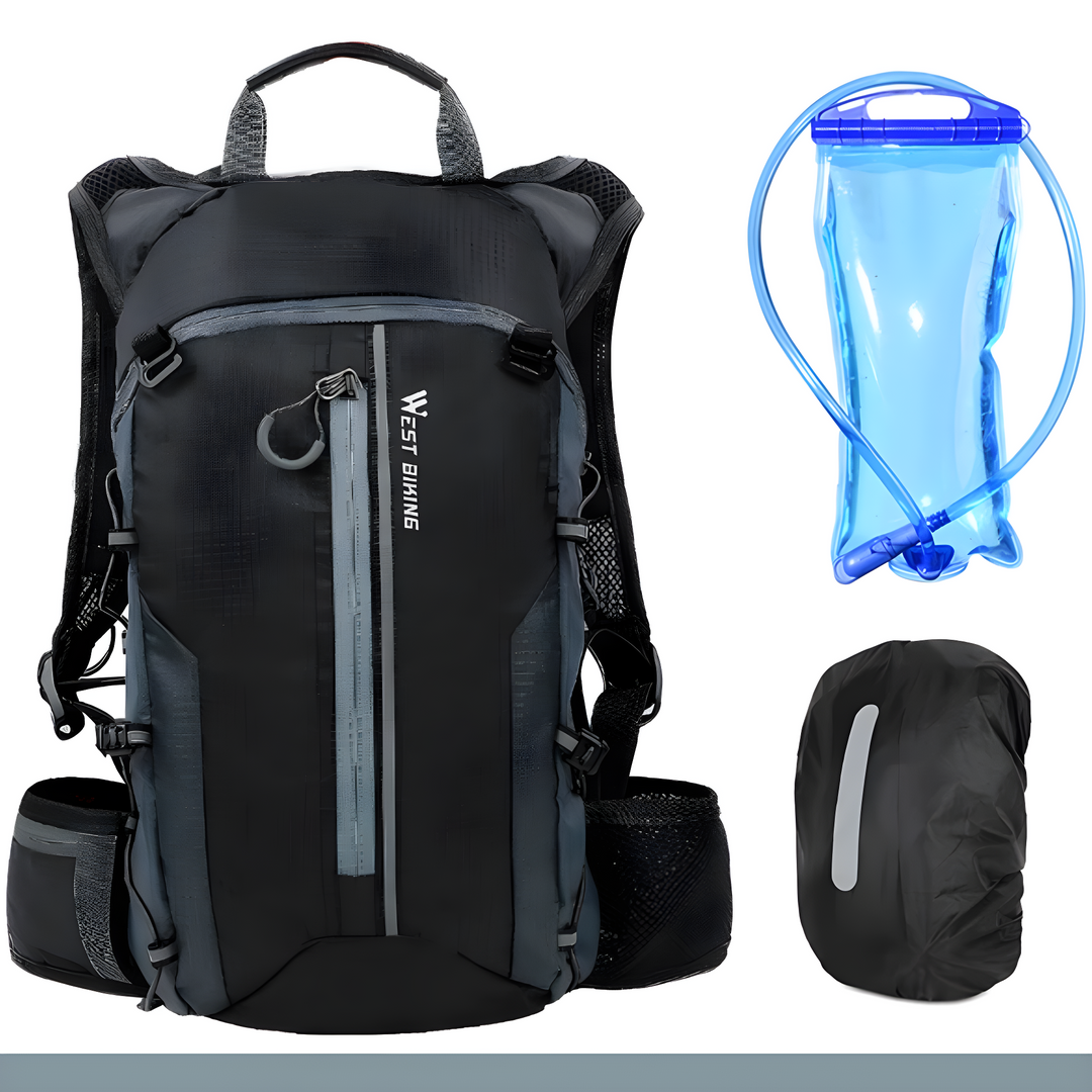 Schwarzer Fahrradrucksack mit Trinksystem und Regenschutz, ideal für Outdoor-Aktivitäten.