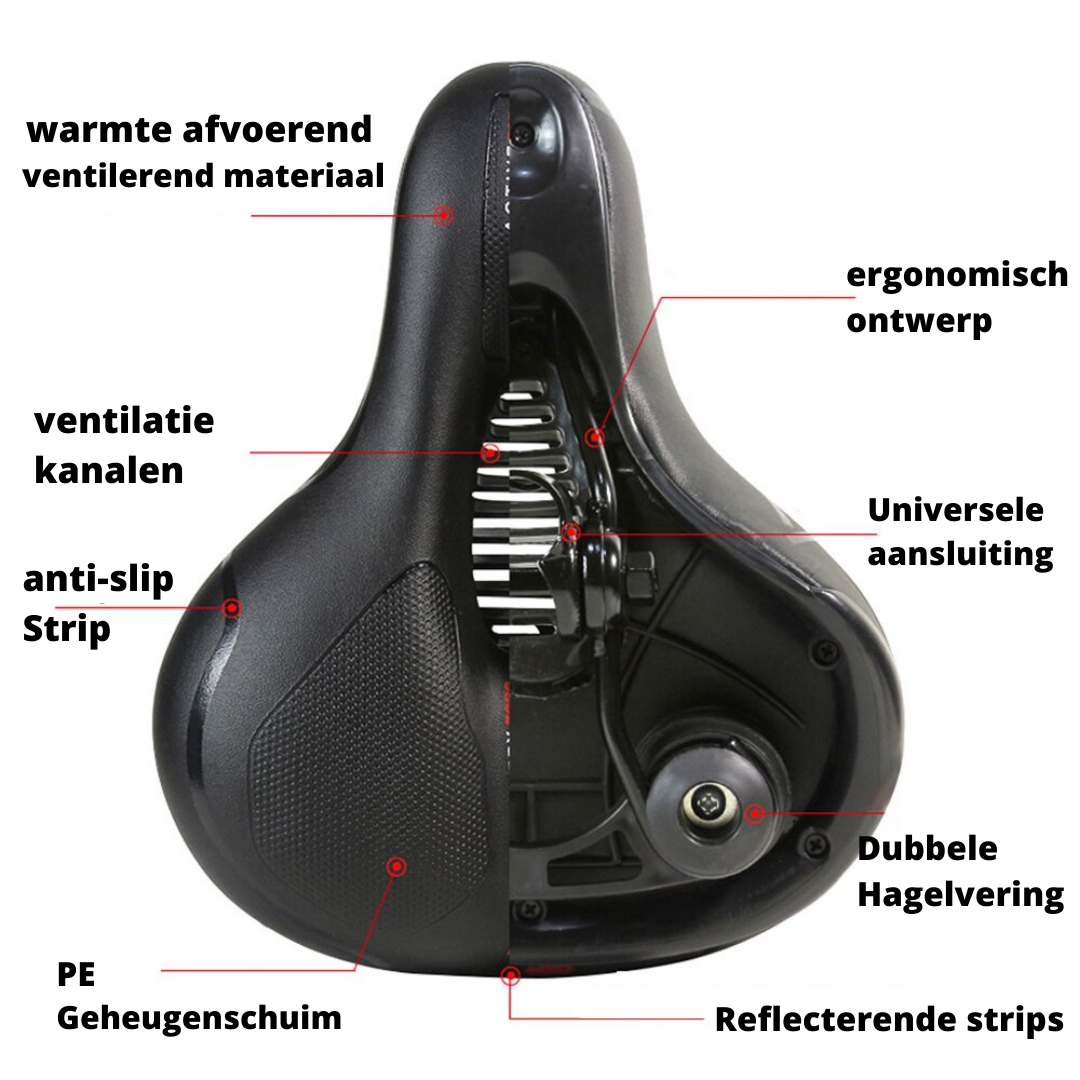 Ergonomischer Fahrradsattel, schwarz, mit Belüftungskanälen, rutschfest, reflektierende Streifen.