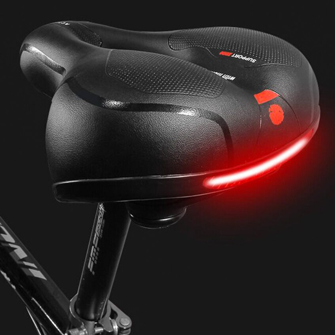 Schwarzer Fahrradsattel mit LED-Rücklicht, ergonomisch, wasserfest, für Mountainbikes.