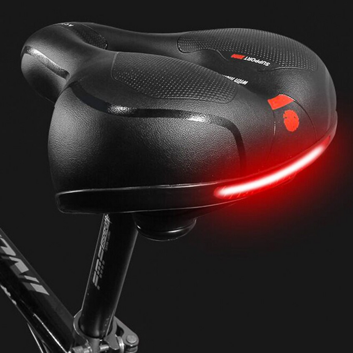 Schwarzer Fahrradsattel mit LED-Rücklicht, ergonomisch, wasserfest, für Mountainbikes.
