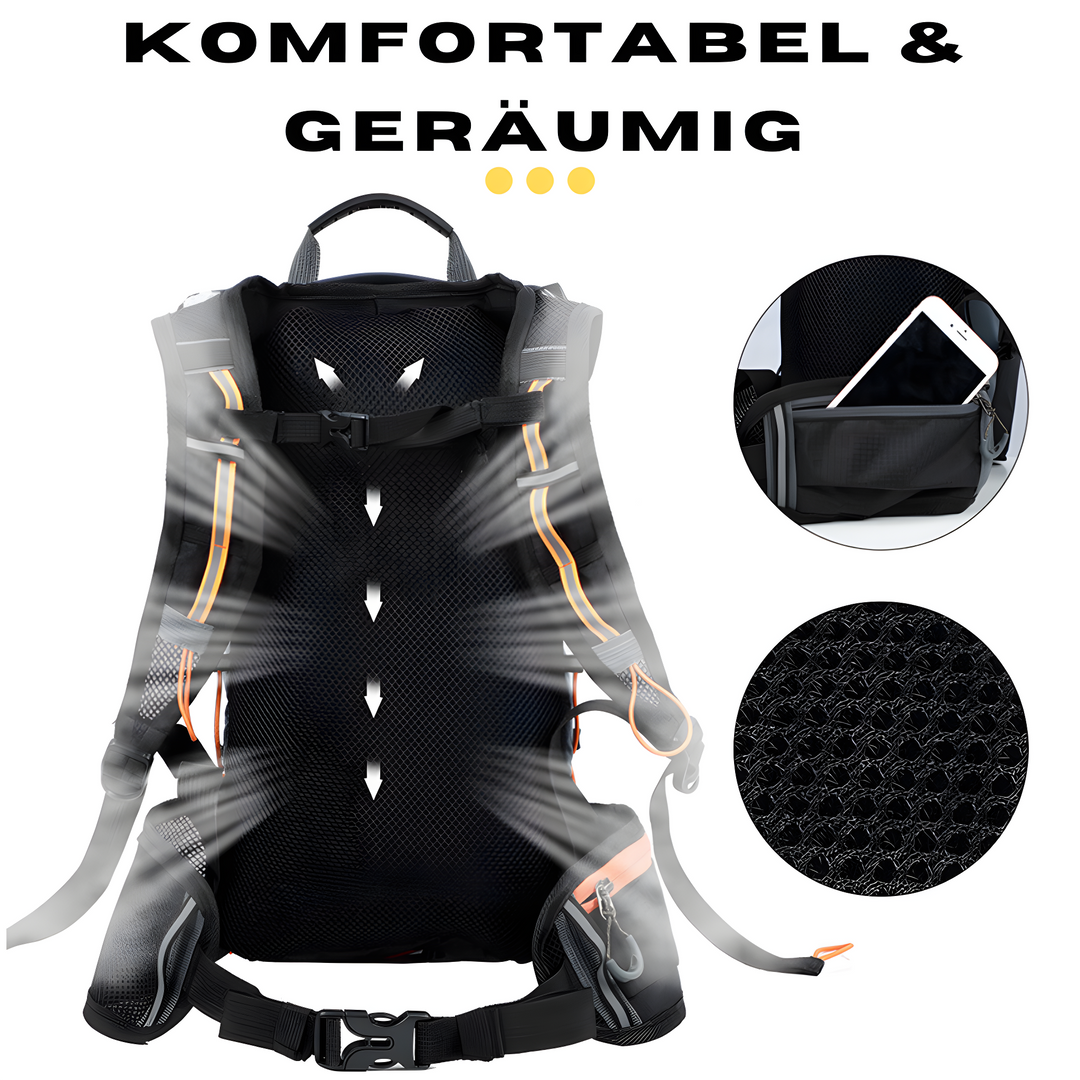Schwarzer Fahrradrucksack mit atmungsaktivem Netzgewebe, geräumig, komfortabel, mit Taschen.