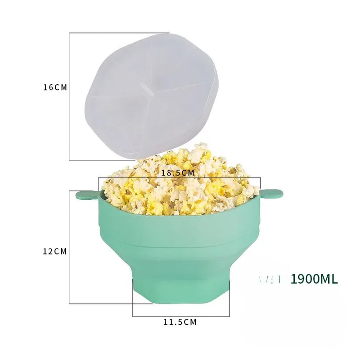 Faltbare Silikon-Mikrowellen-Popcornschüssel mit Deckel, grün, 1900ml Kapazität.