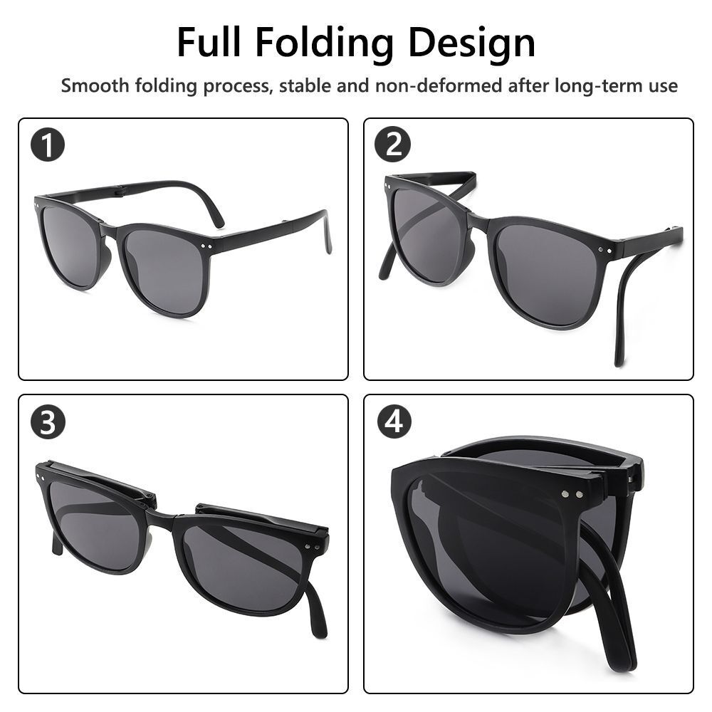 Faltbare schwarze Sonnenbrille, UV-Schutz, kompakt, langlebig, modisches Design.
