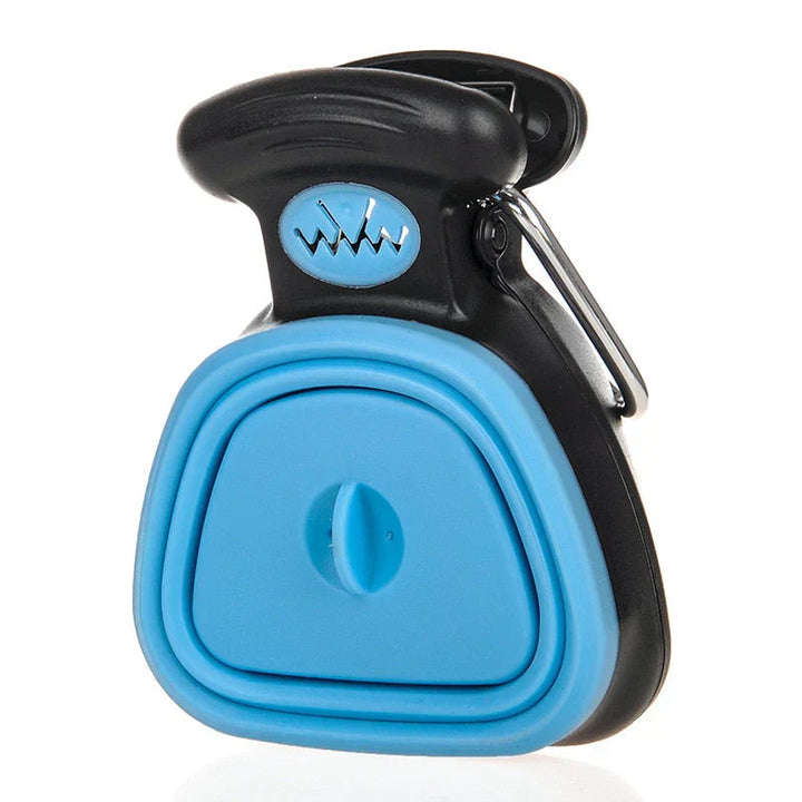 Schwarzer und blauer faltbarer Silikon-Hundekotbeutelhalter mit Clip für unterwegs.