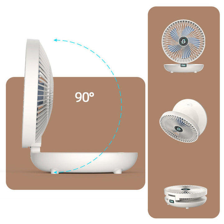 Kompakter, weißer faltbarer Ventilator, 90° verstellbar, ideal für Luftzirkulation im Raum.