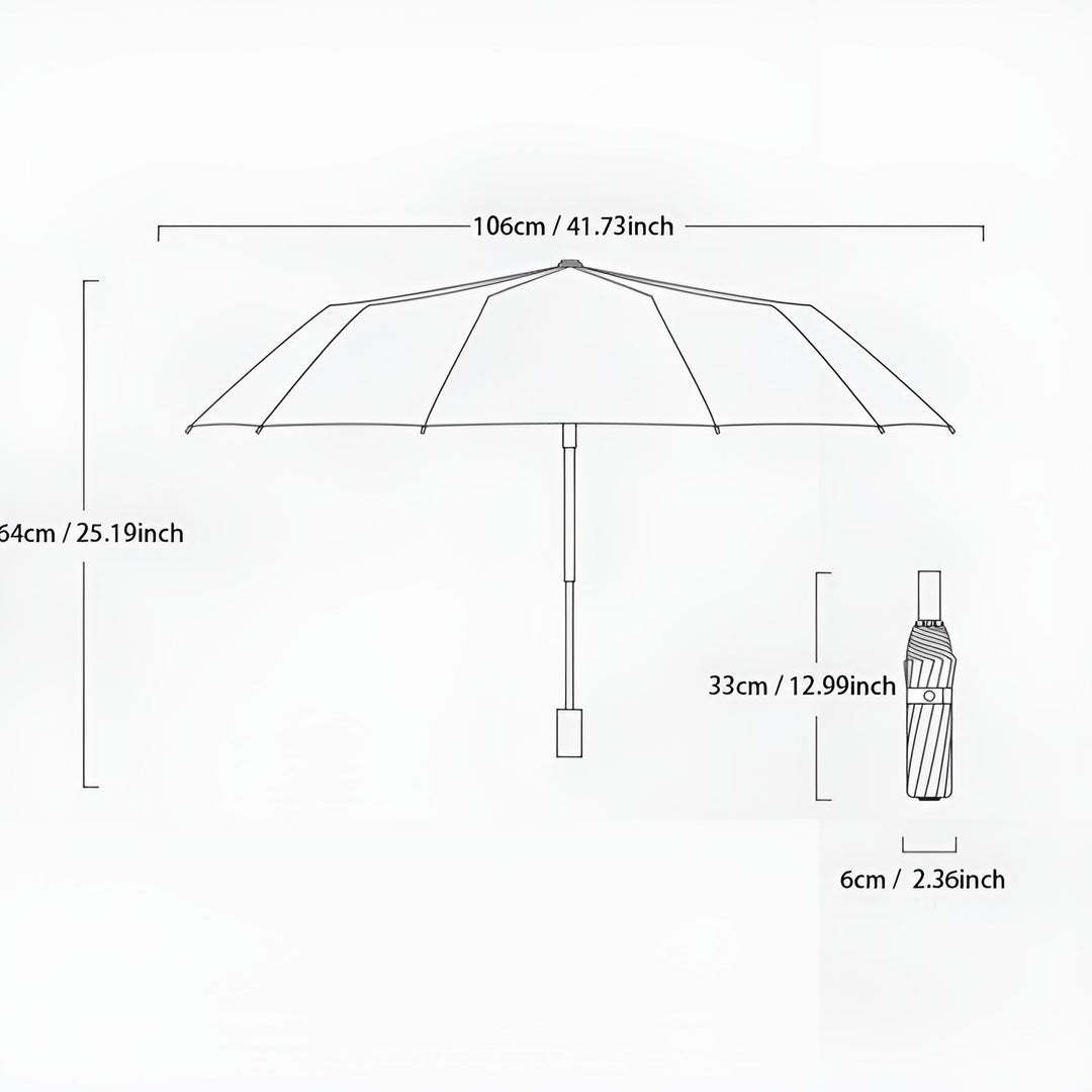 Zusammenklappbarer Regenschirm, schwarz-weiß gestreift, 106 cm Durchmesser, kompakt, leicht.