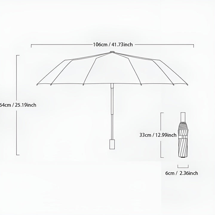 Zusammenklappbarer Regenschirm, schwarz-weiß gestreift, 106 cm Durchmesser, kompakt, leicht.