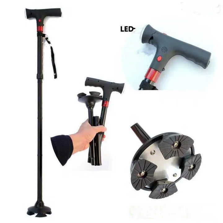 Schwarzer faltbarer Gehstock mit LED-Licht, ergonomischem Griff und rutschfestem Fuß.