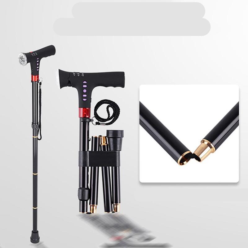 Faltbarer Gehstock mit LED-Licht, schwarz, verstellbar, ergonomischer Griff, Seniorenhilfe.