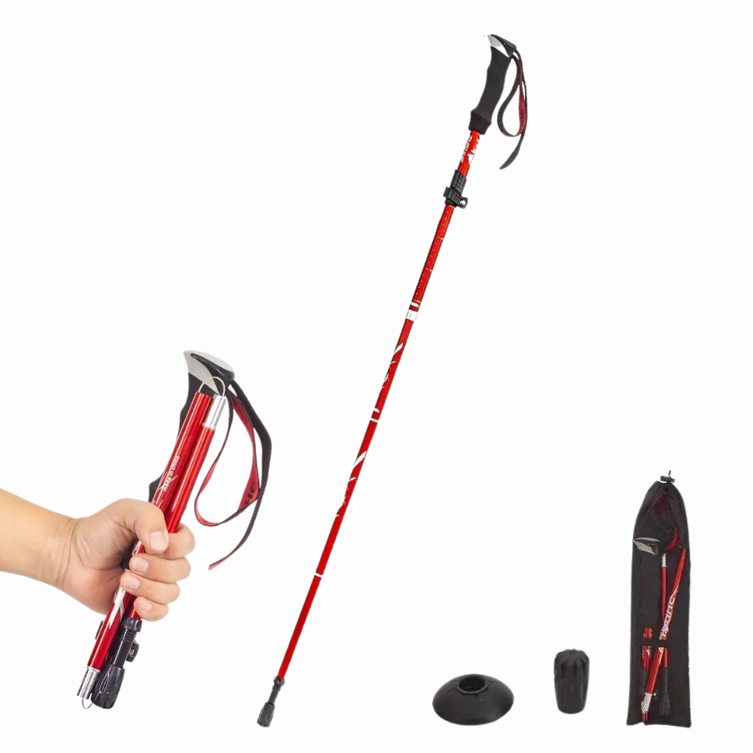 Roter faltbarer Wanderstock, Aluminium, ergonomischer Griff, Zubehör inklusive.