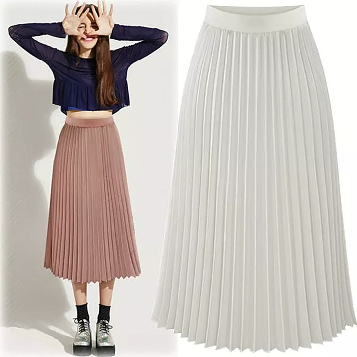Damen Faltenrock, beige und weiß, knielang, elegant, modisch, vielseitig, Freizeitkleidung.