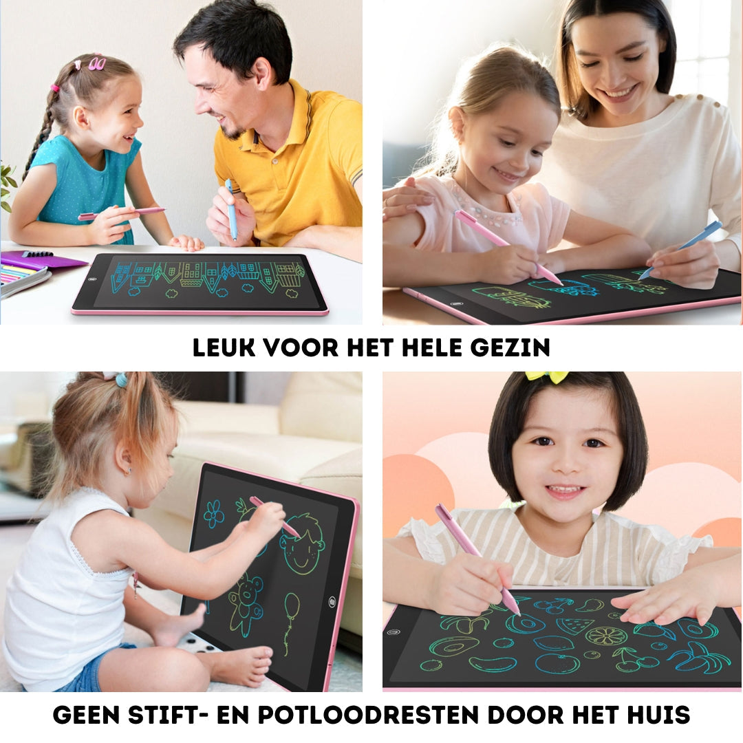 Familie nutzt LCD-Schreibtafel, kinderfreundlich, umweltfreundlich, ideal für Zuhause, kein Abfall.