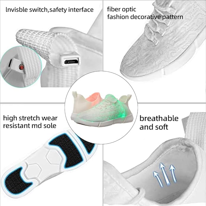 Weiße LED-Sneaker mit Faseroptik, atmungsaktiv, hohe Dehnbarkeit, rutschfeste Sohle.