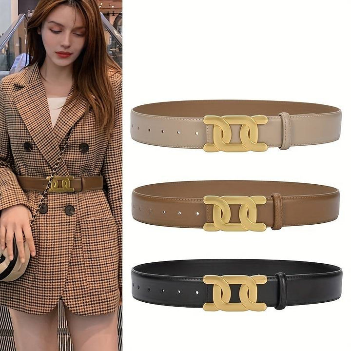 Damenmode Gürtel mit goldener Schnalle, beige, braun, schwarz, elegantes Accessoire.