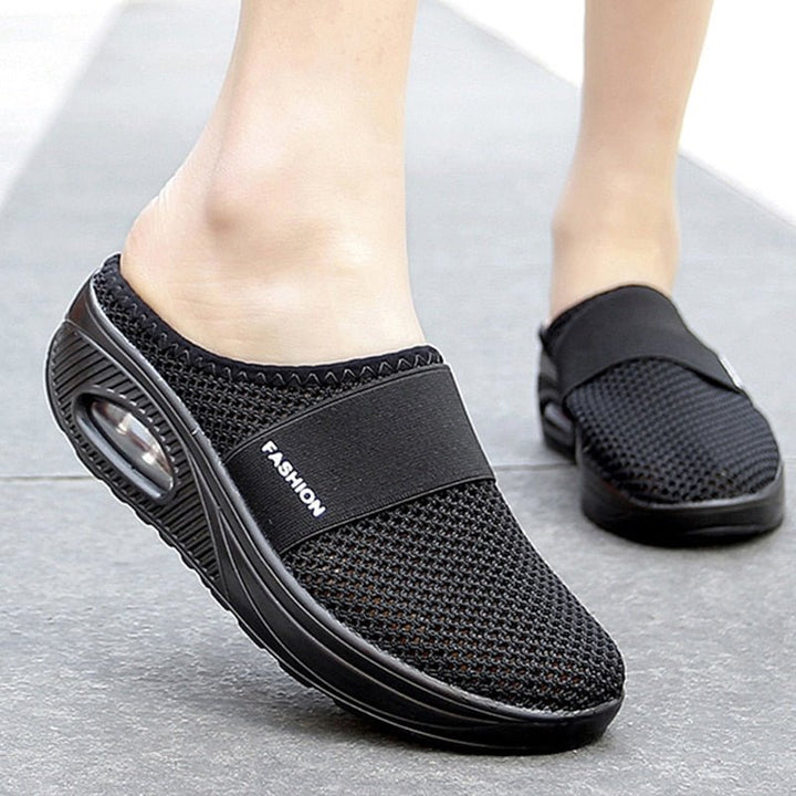 Schwarze orthopädische Diabetes-Schuhe, atmungsaktiv, bequem, rutschfest, für Damen.