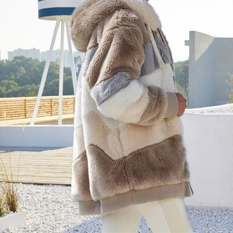 Pelzjacke Damen, beige-grau, Kunstfell, Kapuze, modisch, warm, Winterbekleidung, elegant