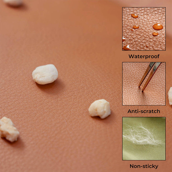 Wasserfester, kratzfester, rutschfester Kunstlederstoff mit Nahaufnahmen von Textur und Eigenschaften.