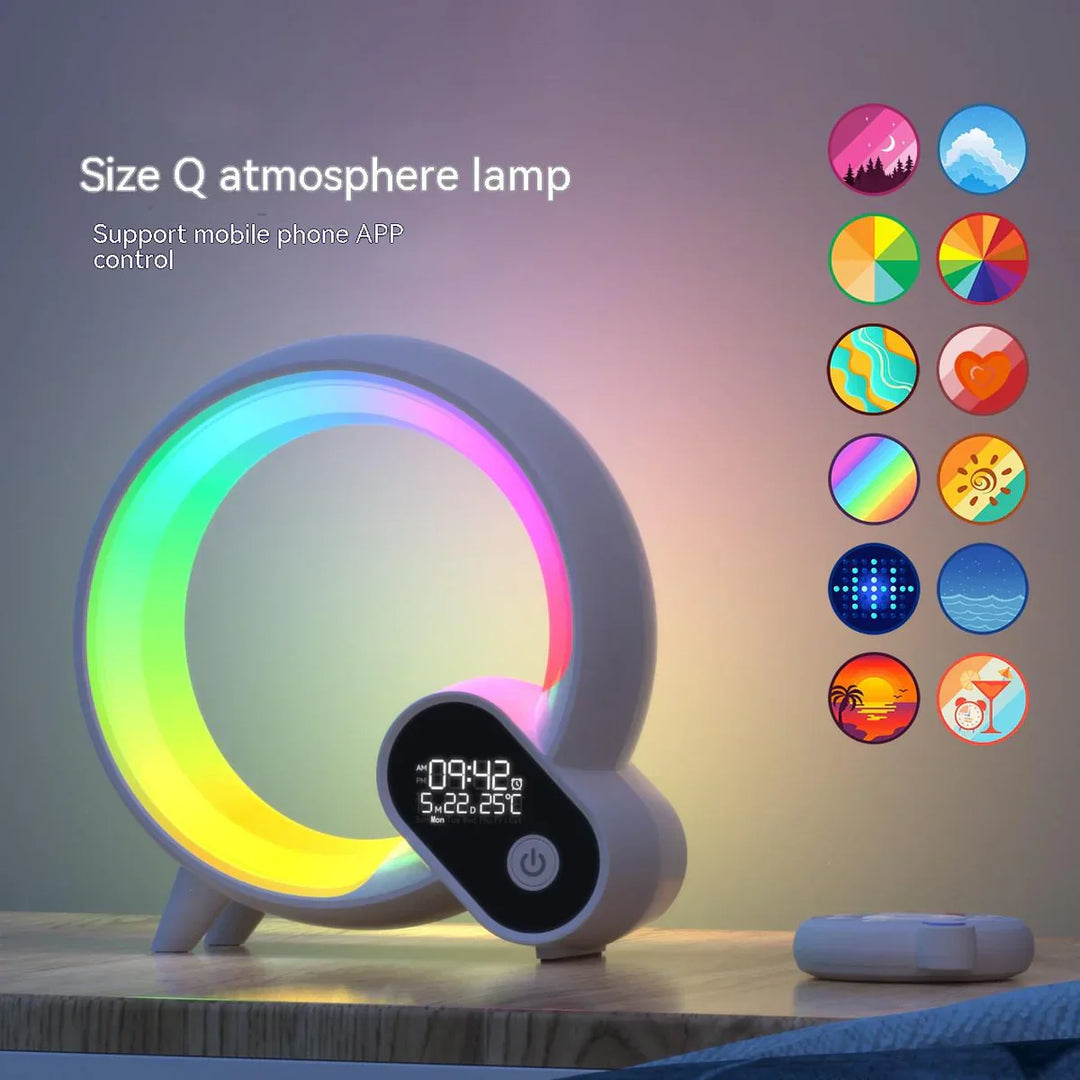 Runde LED-Stimmungsleuchte mit Farbwechsel, App-Steuerung, weißes Gehäuse, modernes Design.