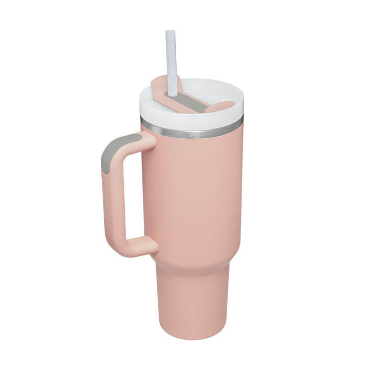Rosa Thermobecher mit Henkel und Strohhalm, Edelstahl, doppelwandig, 1 Liter, für unterwegs.