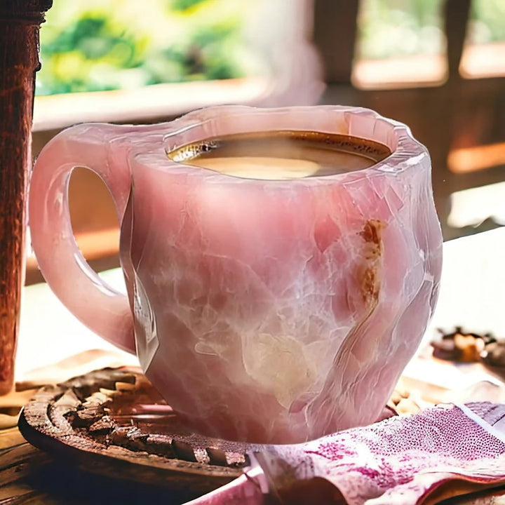 Rosa Kristall-Tasse mit Kaffee, handgefertigt, ideal für stilvolle Kaffeepausen im Freien.