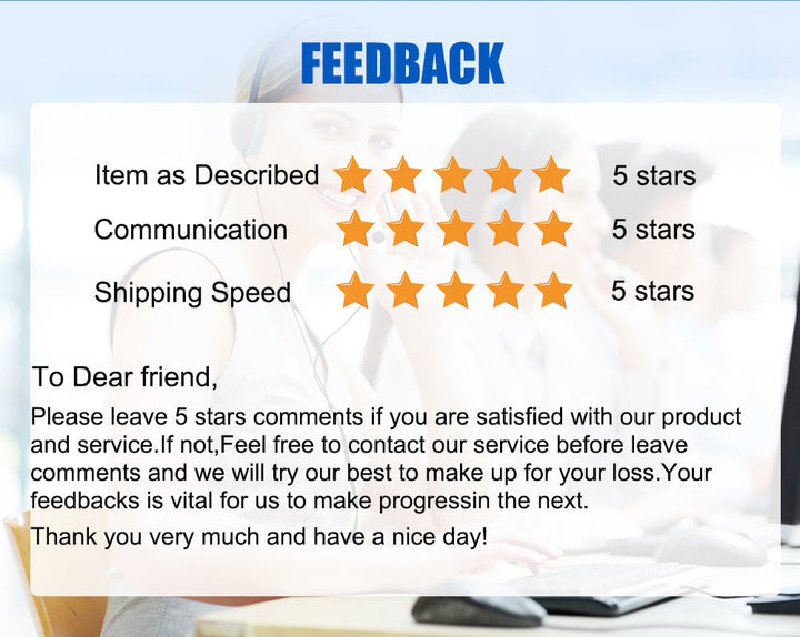 Feedback-Bewertung mit fünf Sternen für Artikelbeschreibung, Kommunikation, Versandgeschwindigkeit.