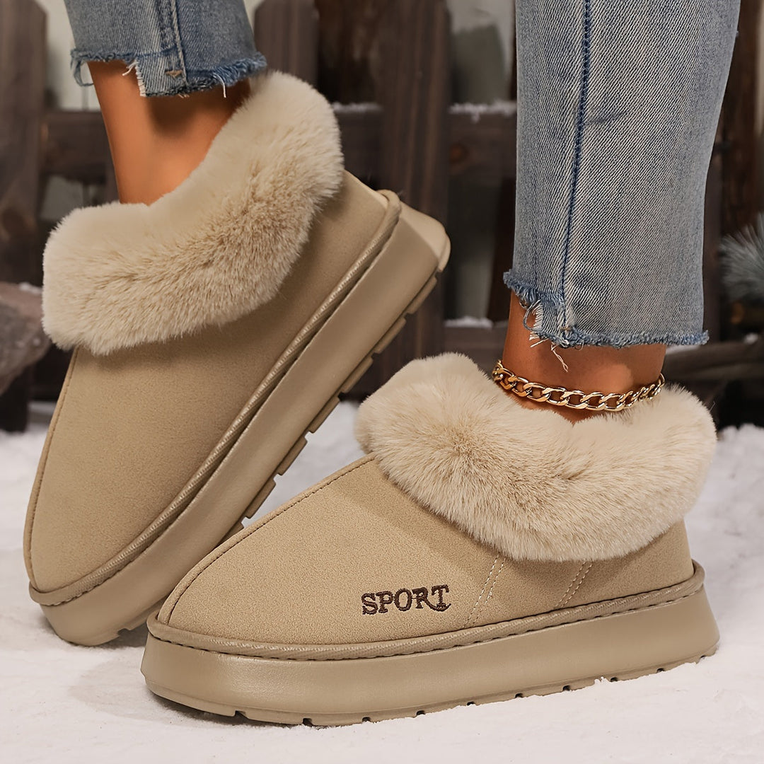 Beige Damen-Winterstiefel mit Kunstfell, sportlich, warm, rutschfest, ideal für kaltes Wetter.