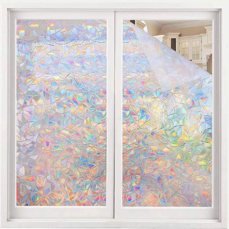 Fensterfolie bunt, selbstklebend, dekorativ, Sichtschutz, Regenbogen-Effekt, Wohnzimmerfenster.