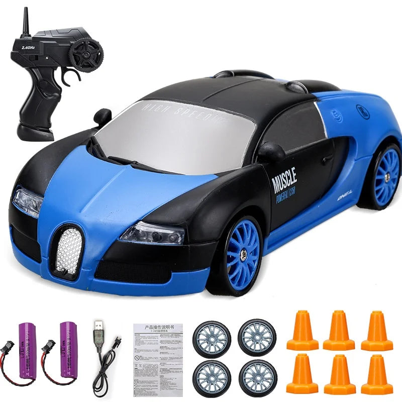 Blau-schwarzes ferngesteuertes Auto-Set mit Zubehör, Hochgeschwindigkeits-Rennwagen-Spielzeug.