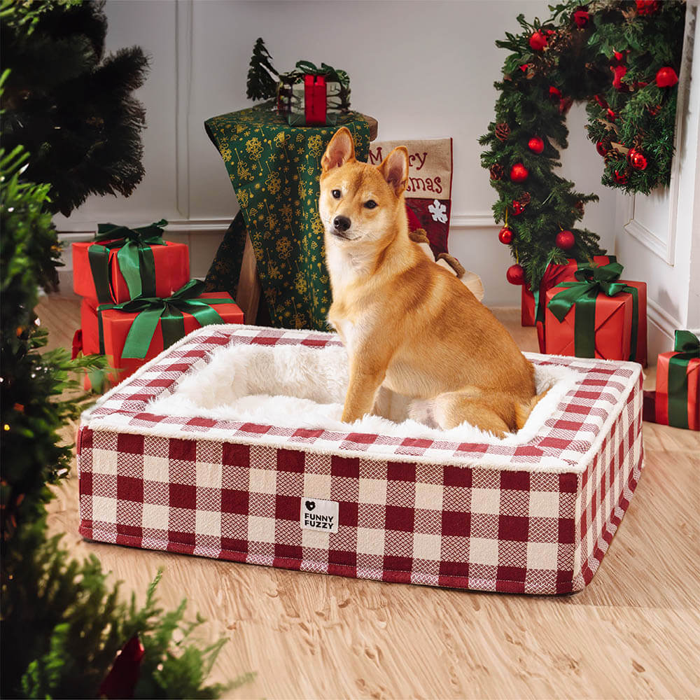 Hundebett rot-weiß kariert, beruhigend, mit Hund, Weihnachtsdeko, gemütlich, Anti-Angst, weich
