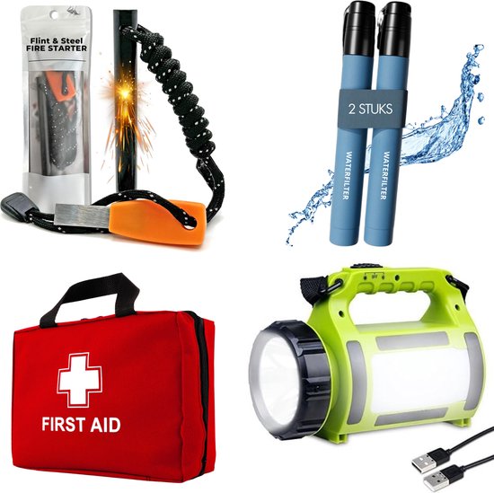 Notfallset mit Feuerstarter, Wasserfilter, Erste-Hilfe-Set, Taschenlampe, USB-Ladekabel.