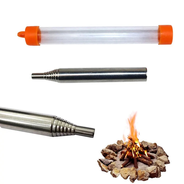 Metall-Blasrohr für Lagerfeuer, tragbar, mit orangefarbener Hülle, Outdoor-Zubehör.