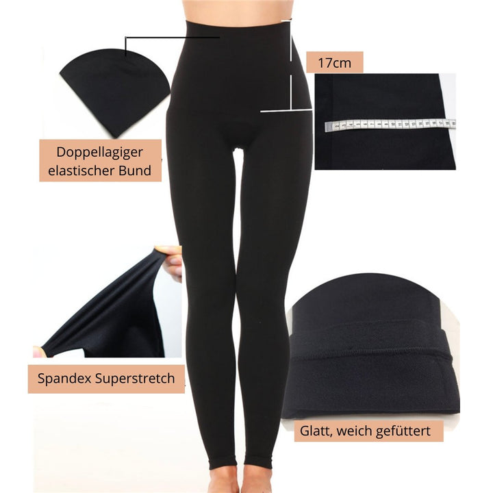 Schwarze figurbetonende Leggings, doppellagiger Bund, Spandex, glatt gefüttert.