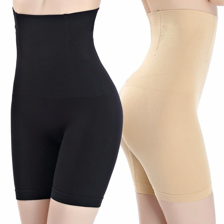 Zwei nahtlose Shapewear-Shorts, schwarz und beige, für Damen, figurformend, hohe Taille.