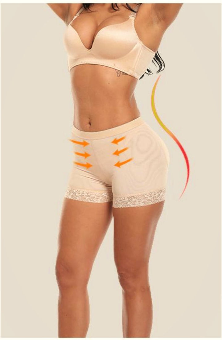 Damen Shapewear in Beige, nahtlos, mit Push-up-Effekt, figurformende Unterwäsche.