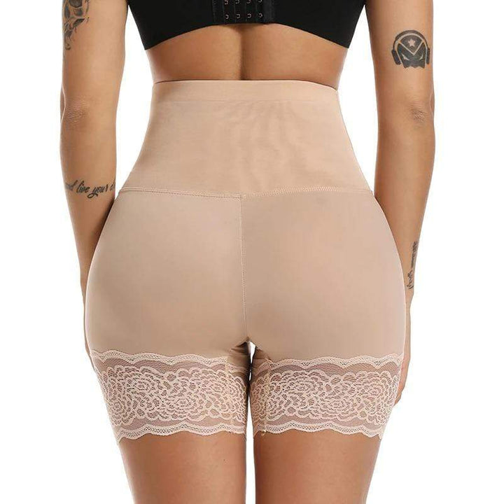 Damen Shapewear Shorts, hautfarben, hohe Taille, Spitzenbesatz, figurformend, nahtlos.