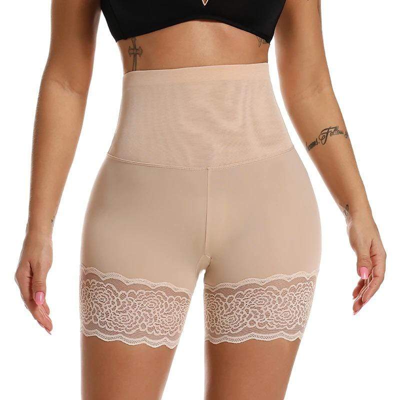 Damen High-Waist Shapewear Shorts, beige, mit Spitze, figurformend, nahtlos, Bauchkontrolle.