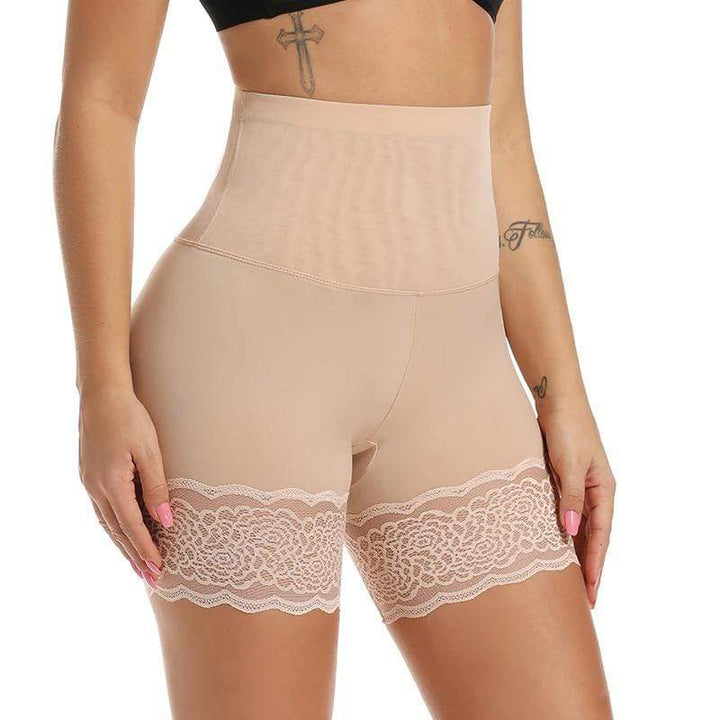 Damenformende High-Waist-Shorts, beige, Spitze, figurformend, nahtlos, Shapewear.