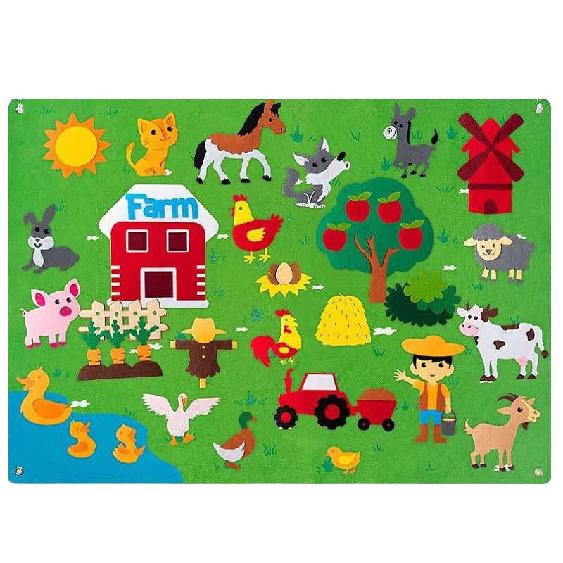 Bunte Montessori Filztafel mit Bauernhofmotiven, Tieren und Traktor für Kinder.