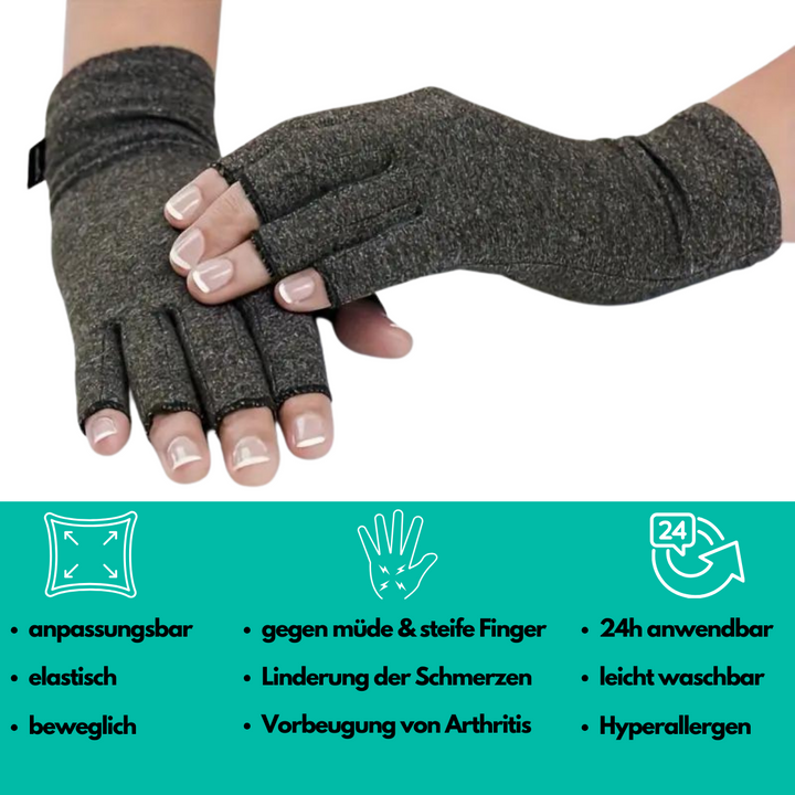 Graue Kompressionshandschuhe gegen Arthritis, elastisch, fingerlos, schmerzlindernd, waschbar.
